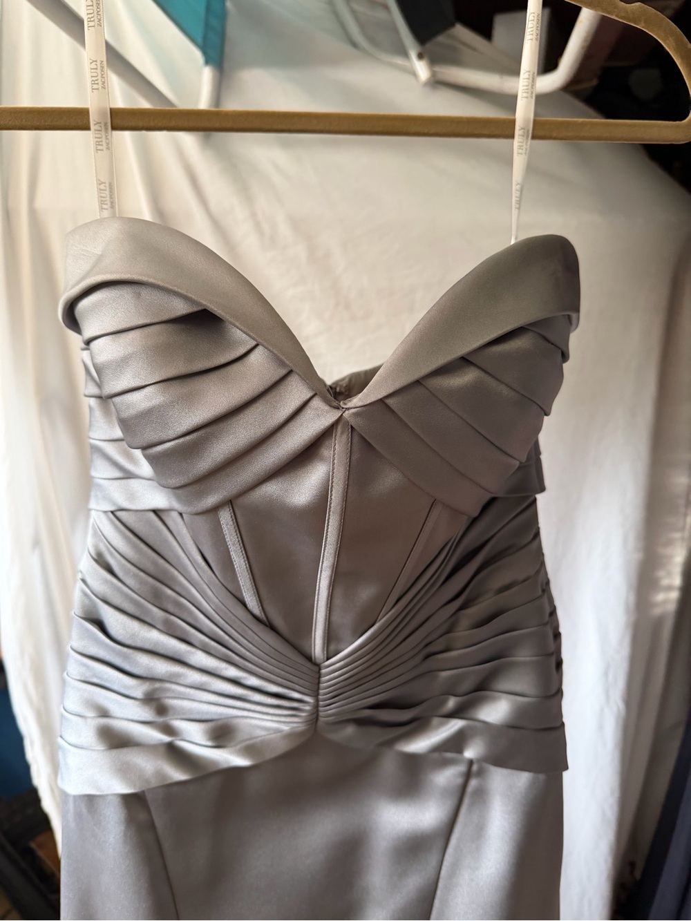 Zac Posen Silver Strapless Satin Mermaid Gown - Picture 2 of 7
